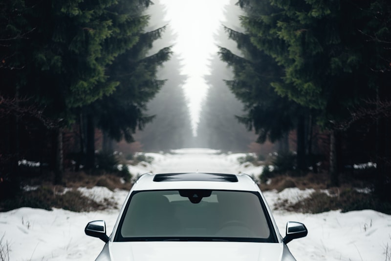 A car stopped on the shoulder of a road with its hood raised.